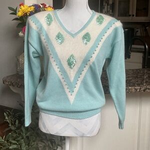 Vintage 1980’s Angora Rabbit Hair Sweater Pearls Shoulder Pads  V-Neck M